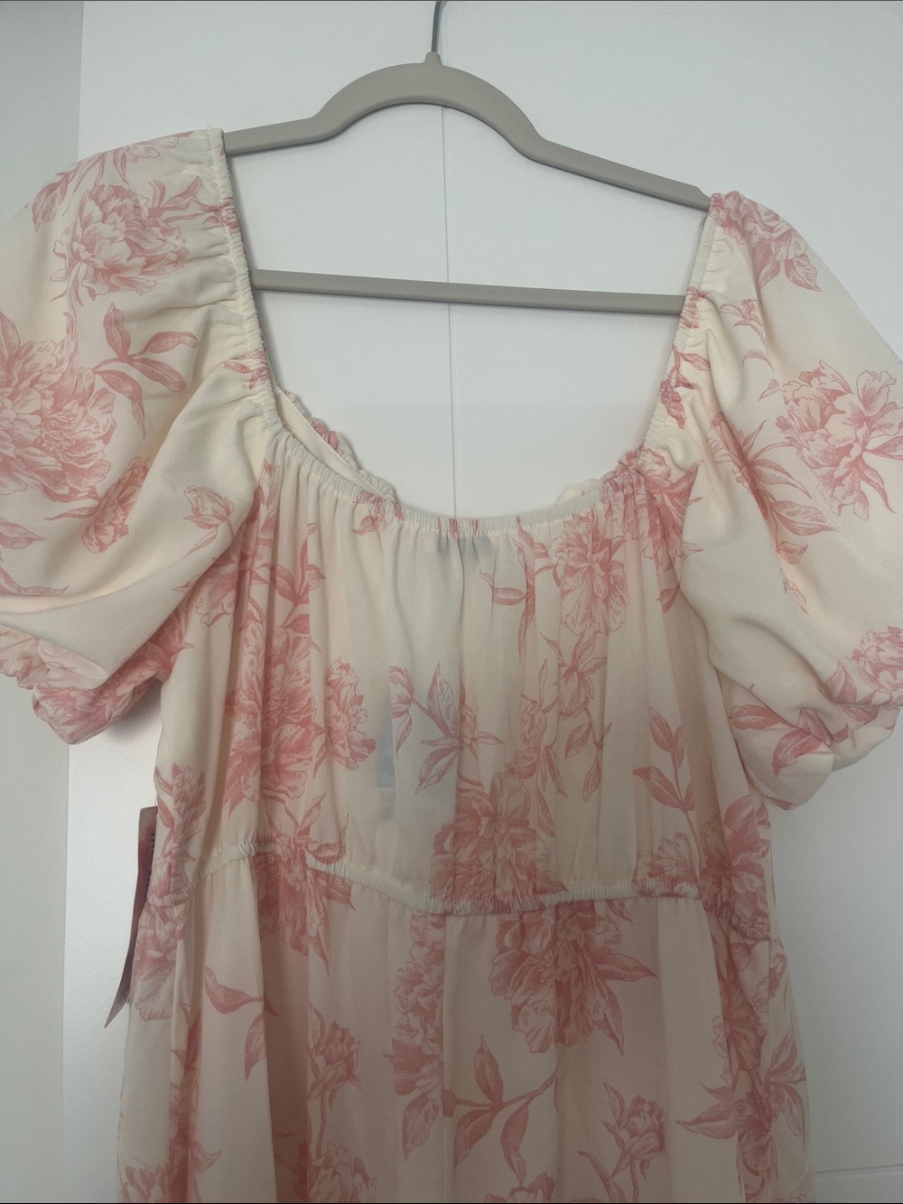 Girls' Cream and Pink Floral Puff-Sleeve Maxi Dress